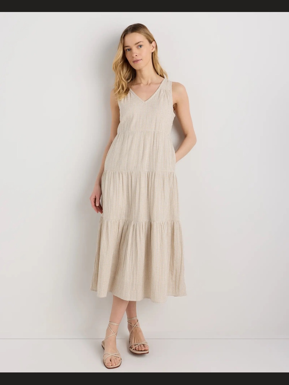Quince Organic Cotton Gauze Tiered Maxi Dress Khaki Gingham Medium NWT